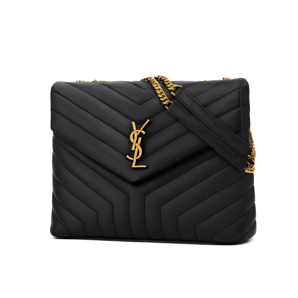 Saint Laurent  Calfskin Y Quilted Monogram Medium Loulou Chain Satchel Black