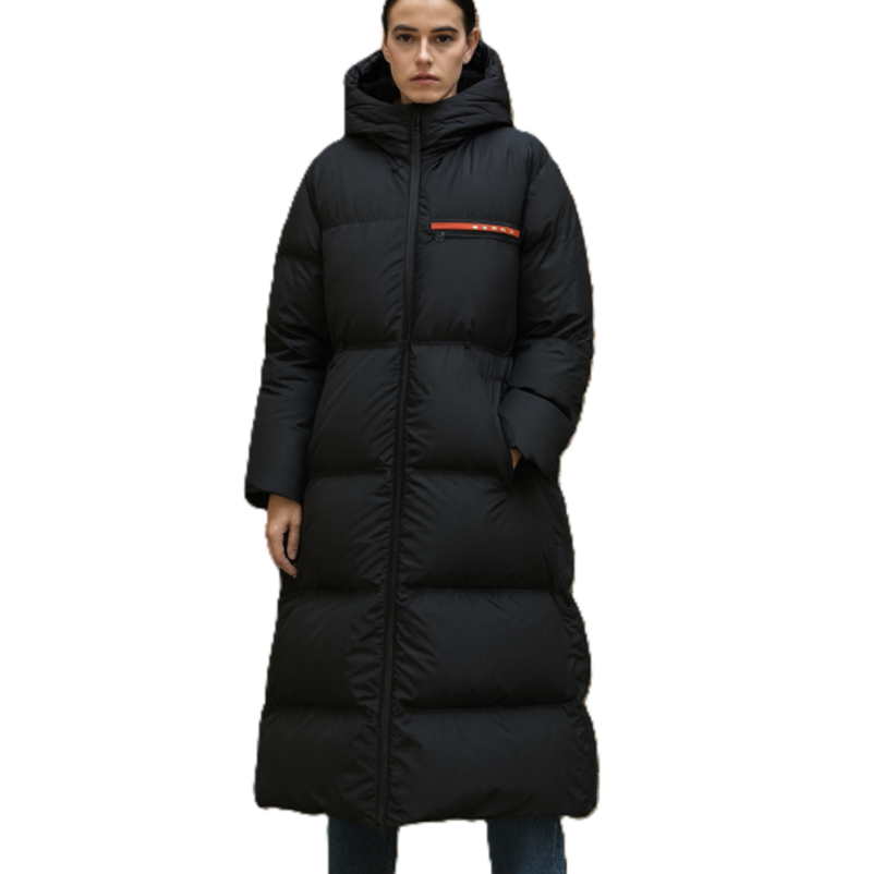 Prada Signature Red-Tag Long Down Coat