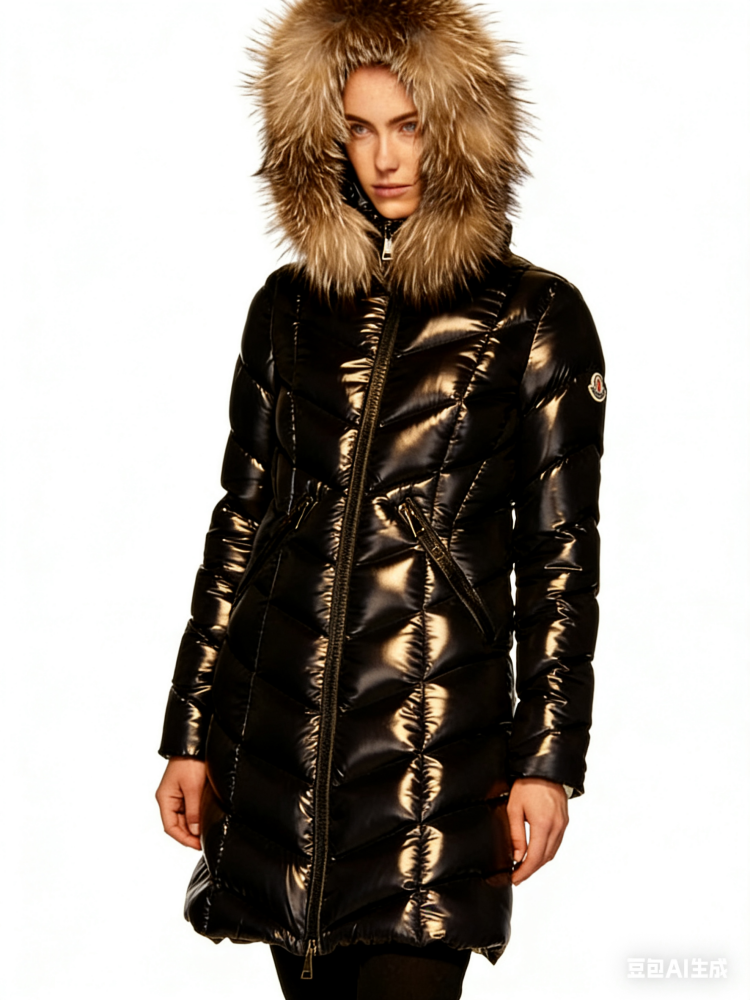 Moncler V-lattice fur collar down jacket